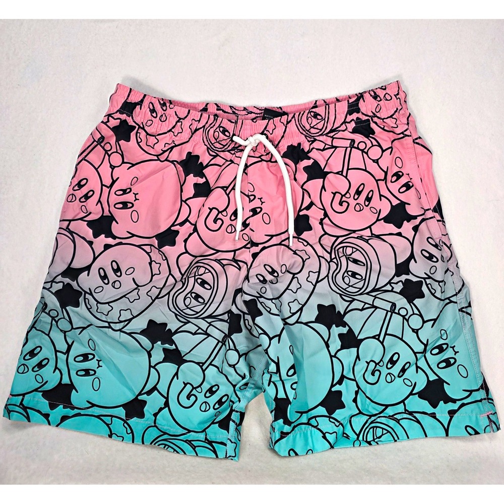 Kirby Nintendo Men's Graphic Swim Trunks Shorts M Pink/Blue/Black Drawstring